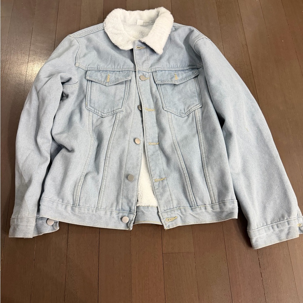 Light Blue Denim Jacket with White Sherpa Collar